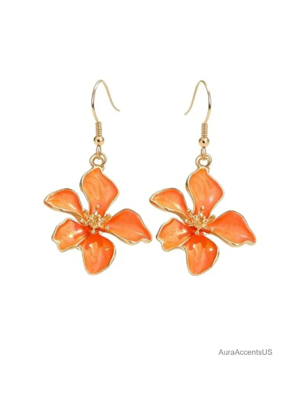 Enamel Five-Petal Flower Dangle Earrings Gold Plated Statement Jewelry Women's